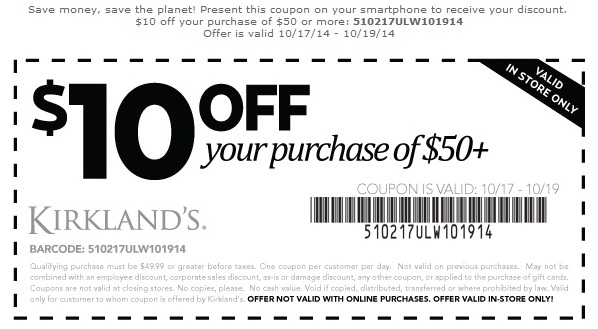 Oct 18, 2014 Kirkland's, Printable SALE Coupon Outlet Stores and Malls